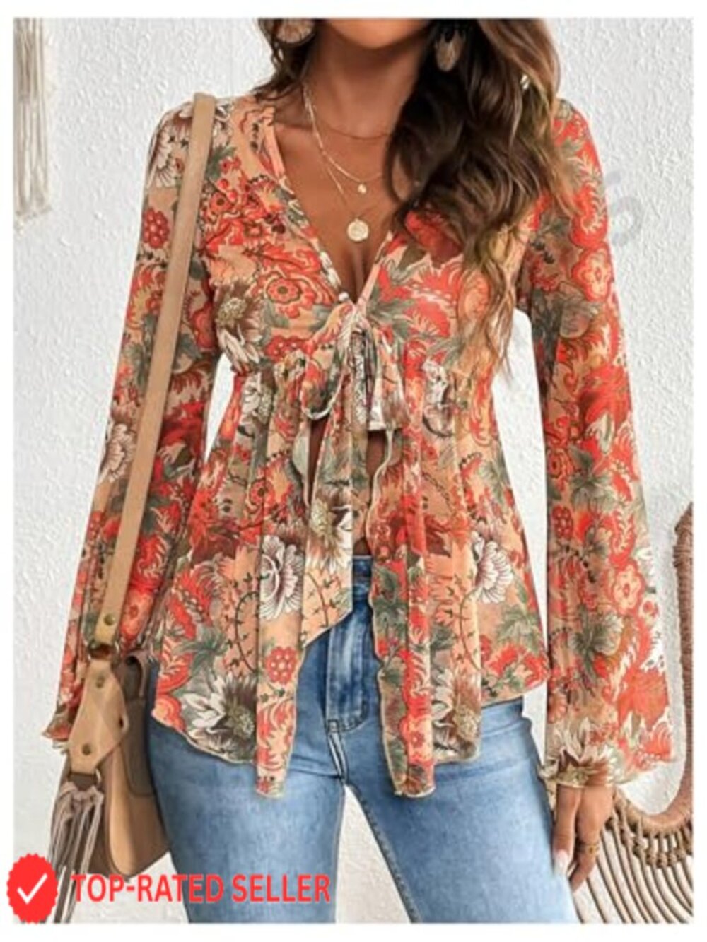 Bell Sleeve Top Tie Front Mesh V Neck Ruffle Peplum Blouse Sheer Long Sleeve - Picture 4 of 6